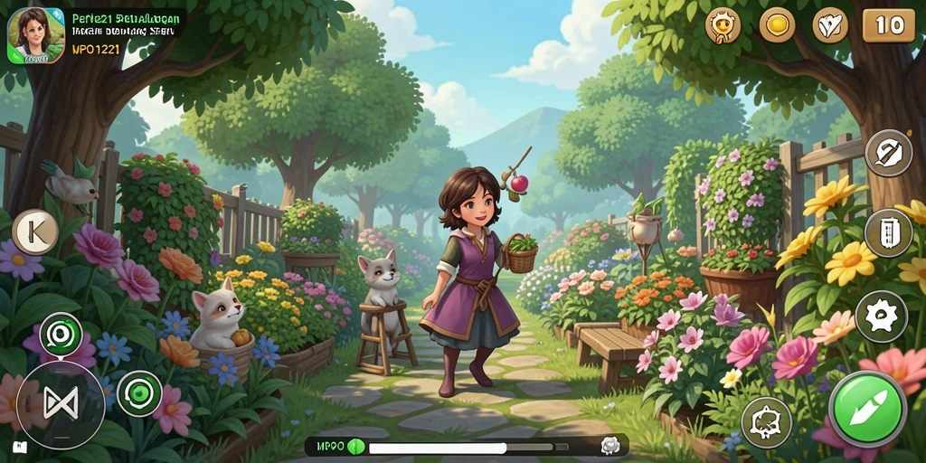 Tampilan gameplay MPO1221 dengan kebun yang subur dan tanaman berwarna-warni.