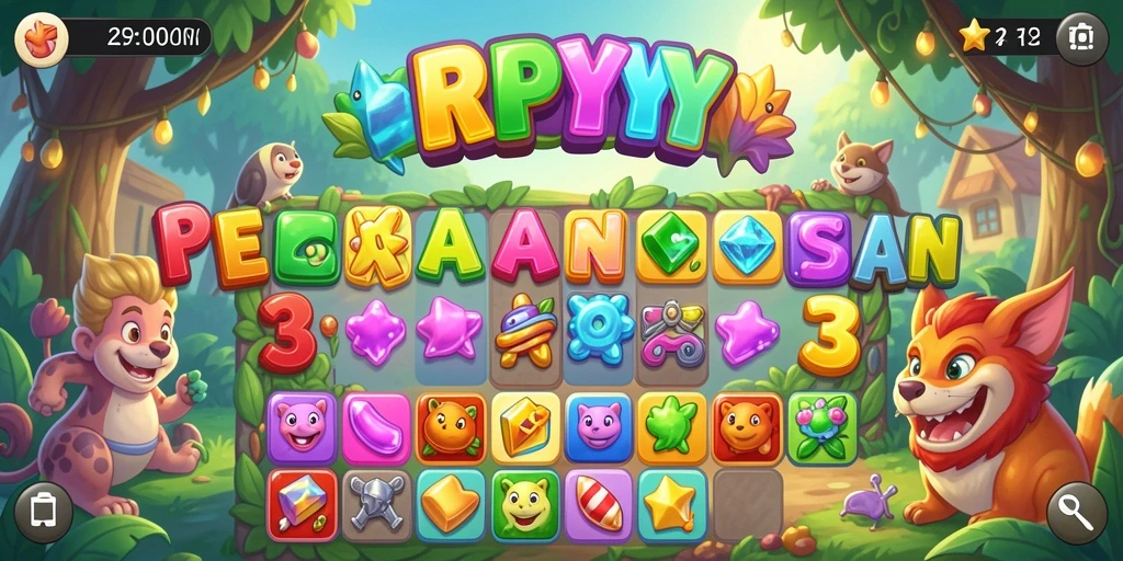 Screenshot utama RPYYY menampilkan gameplay Match-3 yang seru dan penuh warna.