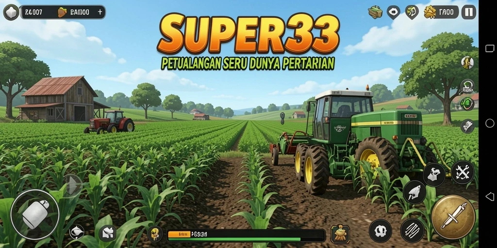 Screenshot gameplay SUPER33 menunjukkan petualangan seru di lahan pertanian.