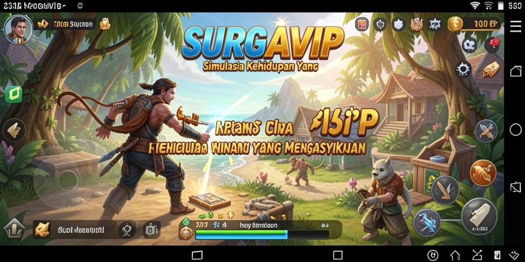 Tangkapan layar utama SURGAVIP menampilkan karakter menjalani kehidupan sehari-hari.